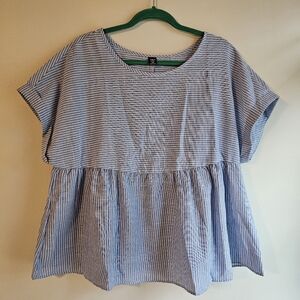 Shein Blue And White Striped Linen Peplum Top